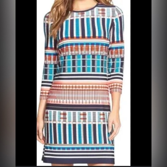 Eliza J Dress Mini Stretch Knit Geometric Print Stripe Crewneck 3/4 Sleeve Sz 6P - Picture 1 of 7